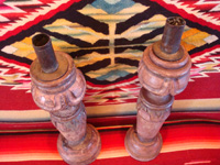 Mexican antique wood-carving, a pair of wooden candleholders, c. early to mid-19th century, and possibly from the colonial period.  A photo shot from above the candleholders.