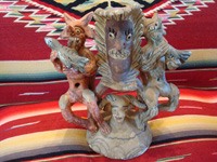 Mexican vintage pottery and ceramics, and Mexican vintage folk-art, a wonderful pottery piece from Ocumicho, Michoacan, c. 1940-50's, depicting the crescent moon with devils. Main photo of the Ocumicho pottery piece.