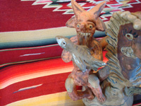 Mexican vintage pottery and ceramics, and Mexican vintage folk-art, a wonderful pottery piece from Ocumicho, Michoacan, c. 1940-50's, depicting the crescent moon with devils. Closeup of one of the devils on the Ocumicho piece.