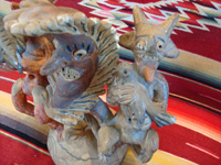 Mexican vintage pottery and ceramics, and Mexican vintage folk-art, a wonderful pottery piece from Ocumicho, Michoacan, c. 1940-50's, depicting the crescent moon with devils. Another photo of one of the devils holding a bird.