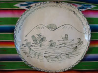 Mexican vintage pottery and ceramics, a large charger featuring a scene of Purepecha natives fishing their whitefish (pescado blanco) on lovely Lake Patzcuaro, Michoacan, c. 1940's. Main photo of the Tzintzuntzan charger.