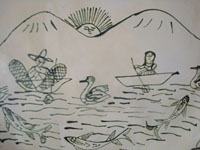 Mexican vintage pottery and ceramics, a large charger featuring a scene of Purepecha natives fishing their whitefish (pescado blanco) on lovely Lake Patzcuaro, Michoacan, c. 1940's. Closeup photo of the fishing scene on the front of the charger.