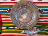 Mexican vintage pottery and ceramics, and Mexican vintage folk art, two beautiful pottery pieces by the famous, late Amado Galvan, a burnished charger with fine artwork and a lovely figure of a slender dove, Tonala, Jalisco, c. 1940's. Main photo of the Amado Galvan pottery pieces from Tonala.