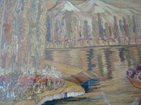 Mexican vintage straw-art (popote art or popotillo), and Mexican vintage folk art, a beautiful straw-art scene of the floating gardens of Xochimilco, with canals filled with flowers, and featuring a campesino paddling his canoe, signed Ariza, c. 1940's.  Another closeup photo of the straw-art scene.