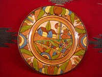 Mexican vintage pottery and ceramics, a lovely pottery plate with a petatillo (cross-hatching resembling a straw mat or petate) and wonderful colors and artwork, Tonala or San Pedro Tlaquepaque, c. 1930's.  Main photo of the petatillo plate.