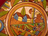 Mexican vintage pottery and ceramics, a lovely pottery plate with a petatillo (cross-hatching resembling a straw mat or petate) and wonderful colors and artwork, Tonala or San Pedro Tlaquepaque, c. 1930's.  Closeup photo of the scene on the front of the plate.