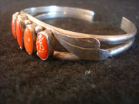 Native American Indian sterling silver jewelry, and Navajo vintage silver jewelry, a beautiful silver bracelet decorated with lovely coral, Navajo, Arizona or New Mexico, c. 1960's. Another side view of the bracelet.