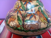 Mexican vintage pottery and ceramics, a pottery water bottle and cup with incredi bly fine artwork, Tonala or San Pedro Tlaquepaque, c. 1930's. Closeup photo of some of the artwork.