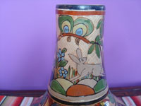 Mexican vintage pottery and ceramics, a pottery water bottle and cup with incredi bly fine artwork, Tonala or San Pedro Tlaquepaque, c. 1930's. A closeup of the artwork on the other side of the cup.