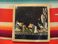 Mexican vintage pottery and folk art, a blackware tile with a beautiful scene of a campesino gathering and bundling wood, Tlaquepaque, Jalisco, c. 1930's. Main photo of front of this tile.