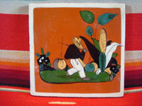 Mexican vintage pottery and folk art, a tile with terra cotta background and a scene of a Mexican campesino carrying large jarros or jugs, Tlaquepaque, c. 1940's. Main photo of the front of the entire tile.