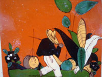 Mexican vintage pottery and folk art, a tile with terra cotta background and a scene of a Mexican campesino carrying large jarros or jugs, Tlaquepaque, c. 1940's. Closeup photo of the Mexican campesino carrying his water jars.