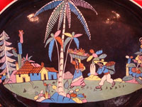Mexican vintage pottery and folk art, a wonderful oval blackware charger with handles, Tlaquepaque, Jalisco, c. 1920-30's. This is an incredible piece of vintage Mexican pottery and a true treasure for the discerning collector! Closeup photo of the main scene.