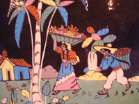 Mexican vintage pottery and folk art, a wonderful oval blackware charger with handles, Tlaquepaque, Jalisco, c. 1920-30's. This is an incredible piece of vintage Mexican pottery and a true treasure for the discerning collector! Another closeup of the scene.