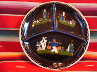 Mexican vintage pottery and folk art, a blackware plate with a great scene of a campesino carrying water and two endearing armadillos, Tlaquepaque, Jalisco, c. 1930's. This plate resembles the blackware plate above (CC-14) and is probably by the same artist.  Main photo.
