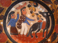Mexican vintage pottery and ceramics, a beautiful burnished charger with very intricate decoration, by famous Master Artist of Mexican Folkart Pottery, Salvador Vasquez, Tonala, c. 1960. Closeup photo of central design.