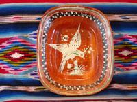 Mexican vintage pottery and ceramics, a lovely bandera-ware rectangular dish with a graceful eagle, Tonala or Tlaquepaque, Jalisco, c. 1930's. The dish is in the traditional colors of bandera-ware, earthen-red, green, and white, the colors of the Mexican flag, or bandera in Spanish. Main photo of the bandera-ware Tlaquepaque dish.