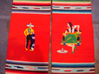 Mexican vintage textiles and Saltillo sarapes, a wonderful pair of matching Saltillo sarapes featuring a dashing Mexican charro (horseman) and a lovely China Poblana or charra dancing around a sombrero, c. 1940's. A closer photo showing the main images at the center of the matching Saltillo Sarapes.