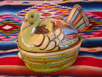Mexican vintage pottery and ceramics and Mexican vintage folk-art, a lidded casserole in the form of a lovely green, nesting turkey, Tlaquepaque, c. 1940's. The green glaze and complimentary colors of the turkey's wings and feathers are very unique and wonderful. Main photo of the Tlaquepaque turkey casserole.