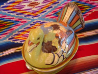 Mexican vintage pottery and ceramics and Mexican vintage folk-art, a lidded casserole in the form of a lovely green, nesting turkey, Tlaquepaque, c. 1940's. The green glaze and complimentary colors of the turkey's wings and feathers are very unique and wonderful. Another angle of the Tlaquepaque pottery turkey.