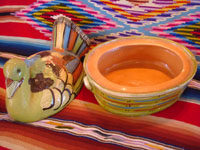 Mexican vintage pottery and ceramics and Mexican vintage folk-art, a lidded casserole in the form of a lovely green, nesting turkey, Tlaquepaque, c. 1940's. The green glaze and complimentary colors of the turkey's wings and feathers are very unique and wonderful. Photo showing the inside of the Tlaquepaque casserole and lid.