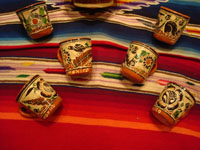 Mexican vintage pottery and ceramics, a beautiful petatillo (cross-hatching in the background, resembling a straw-mat or petate in Spanish) pulque pitcher, decorated with wonderful animals and foliage and with 6 finely decorated petatillo cups, Tlaquepaque, Jalisco, c. 1940's. A photo showing the six petatillo cups.