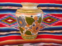 Mexican vintage pottery and ceramics, a beautiful pottery vase with lovely floral decorations, Tlaquepaque, Jalisco, c. 1930's. Main photo of the Tlaquepaque or Tonala pottery vase.