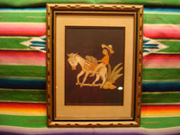 Mexican vintage straw-art (popote art or popotillo), a wonderful popote art scene of a boy riding his trusty burro, laden with goods, to the local market, c. 1940's. This piece of Mexican popote art is comprised of thousands of minute pieces of dyed straw; this is very labor intensive and wonderful! Another view of the straw-art piece.
