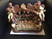 Mexican vintage folk art, a wonderful pottery sculpture of a Last Supper scene with humans and devils sitting down to a feast, Ocumicho, Michoacan, c. 1950. Main photo of the Ocumicho folk art sculpture.