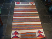Native American Indian vintage textiles, and Navajo vintage textiles, rugs, and blankets, a beautiful Navajo woven-wool double saddle blanket, with beautiful colors and designs, Arizona or New Mexico, c. 1960's. Main photo of the Navajo saddle blanket.