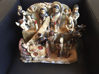 Mexican vintage folk art, a wonderful pottery sculpture depicting the Nativity and the visit of the three kings bearing gifts, Ocumicho, Michoacan, c. 1950's. Main photo of the Ocumicho sculpture.