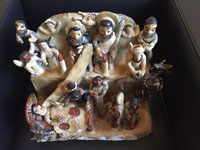 Mexican vintage folk art, a wonderful pottery sculpture depicting the Nativity and the visit of the three kings bearing gifts, Ocumicho, Michoacan, c. 1950's. Another full frontal view of the Ocumicho pottery piece.