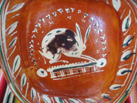 Mexican vintage pottery and ceramics, a lovely banderaware rectangular dish with wonderful artwork, featuring a leaping rabbit, Tonala or San Pedro Tlaquepaque, c. 1930's.  Closeup photo of the rabbit.
