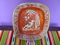 Mexican vintage pottery and ceramics, a beautiful banderaware rectangular dish with a wonderful glazed border surrounding the figure of a heron or egret, Tonala or San Pedro Tlaquepaque, c. 1930's.  Main photo of the banderaware dish.