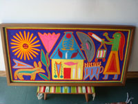 Mexican vintage folk art, a Huichol yarn painting with wonderful symbols and colors, Northern Mexico (Nayarit), c. 1950's.  Main photo of the painting.
