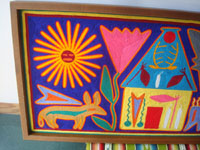 Mexican vintage folk art, a Huichol yarn painting with wonderful symbols and colors, Northern Mexico (Nayarit), c. 1950's.  Clloseup photo of the left side of the painting.