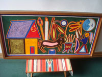 Mexican vintage folk art, a beautiful Huichol yarn painting, one of two, with wonderful symbols and colors, Northern Mexico (Nayarit), c. 1950's.  Main photo of the painting.