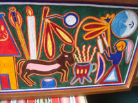Mexican vintage folk art, a beautiful Huichol yarn painting, one of two, with wonderful symbols and colors, Northern Mexico (Nayarit), c. 1950's.  Closeup photo of one part of the painting.