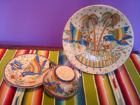 Mexican vintage pottery and ceramics, a Tlaquepaque "starry night" set, including a plate, a saucer, and a cup, all beautifully decorated with very fine artwork, San Pedro Tlaquepaque or Tonala, Jalisco, c. 1930's.  Main photo of the set.