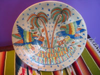 Mexican vintage pottery and ceramics, a Tlaquepaque "starry night" set, including a plate, a saucer, and a cup, all beautifully decorated with very fine artwork, San Pedro Tlaquepaque or Tonala, Jalisco, c. 1930's.  Closeup photo of the plate with two parrots.