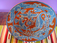 Mexican vintage pottery and ceramics, a beautiful fantasia-ware pottery plate with fantastic artwork, Tonala or San Pedro Tlaquepaque, c. 1940's. Main photo of the plate.