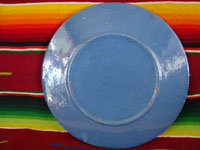 Mexican vintage pottery and ceramics, a lovely blue-ware plate from Tlaquepaque, Jalisco, c. 1940. The blue background glazing is beautiful, and the scene the is very finely painted. This plate matches DD-2 above in size, and is probably by the same artist. It features a graceful deer resting amidst foliage. Photo of the back side of the plate.