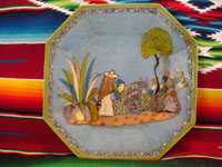 Mexican vintage pottery and ceramics, a pair of octagonal plates with a blue background and lovely rural scenes, Tlaquepaque, Jalisco, c. 1930's. The scenes show Mexican campesinos with their burros, amidst a beautiful rural landscape with plants and cacti. Photo of one of the pair of plates.