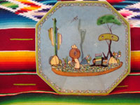 Mexican vintage pottery and ceramics, a pair of octagonal plates with a blue background and lovely rural scenes, Tlaquepaque, Jalisco, c. 1930's. The scenes show Mexican campesinos with their burros, amidst a beautiful rural landscape with plants and cacti. Photo of the second of the pair.