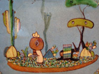 Mexican vintage pottery and ceramics, a pair of octagonal plates with a blue background and lovely rural scenes, Tlaquepaque, Jalisco, c. 1930's. The scenes show Mexican campesinos with their burros, amidst a beautiful rural landscape with plants and cacti. A closeup of the scene on the second plate.