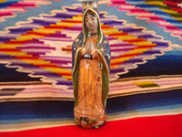 Mexican vintage pottery and ceramics, a beautiful pottery holy-water bottle in the image of Our Lady of Guadalupe, Tlaquepaque c. 1940. Main photo.