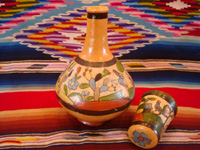Mexican vintage pottery and ceramics, a wonderful petatillo water-jar and cup with beautiful artwork, Tonala or Talquepaque, Jalisco c. 1930's. Main photo.