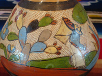 Mexican vintage pottery and ceramics, a wonderful petatillo water-jar and cup with beautiful artwork, Tonala or Talquepaque, Jalisco c. 1930's. Closeup photo of the jar.