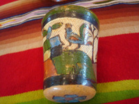 Mexican vintage pottery and ceramics, a wonderful petatillo water-jar and cup with beautiful artwork, Tonala or Talquepaque, Jalisco c. 1930's. Photo of one side of the cup.