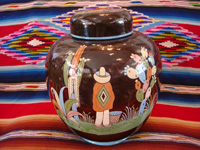 Mexican vintage pottery and ceramics, a large, lidded black-ware tibor, Tlaquepaque, Jalisco, c. 1920's. Main photo of the lidded tibor or jar.